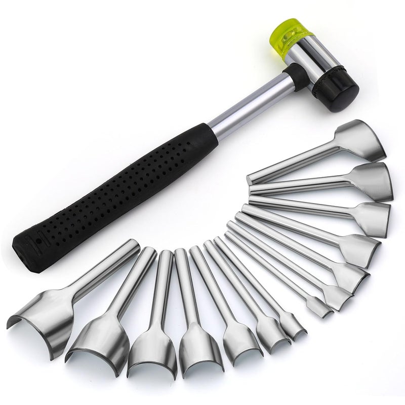 Yizzvb 14 Sizes Leather Corner Punch, Half-Round Punch Set, Leather End Punch with Double Sided Nylon Hammer for Belts, Purses and DIY Products, 10-40mm - Image 1